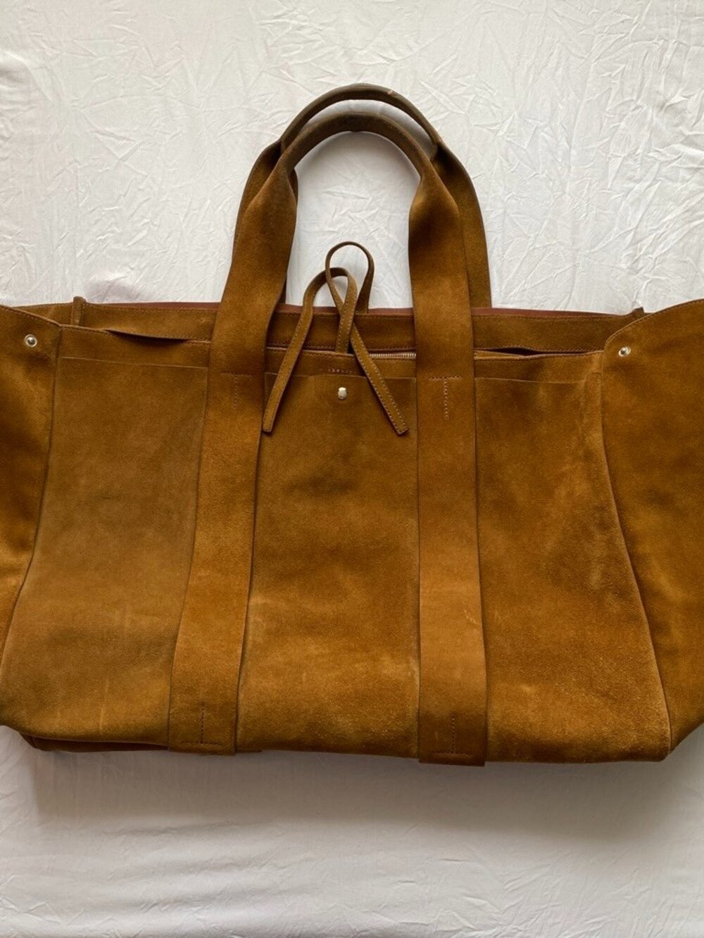 Theory large tan suede tote bag with red interior lining
